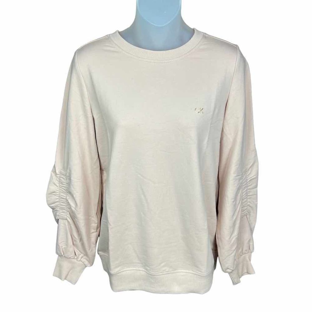 Calvin Klein Sweatshirt Crew Neck Blush Pink Tan Gathered Sleeves CK Logo XS